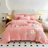 Xpoko - Floral Embroidery Matte Milk Velvet Comforter Cover Bedding Set