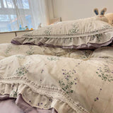 Xpoko  -  Double Layer Lace Ruffles Pure Cotton Bedding Set Lavender Floral Duvet Cover Set Bed Skirt/Flat Sheet/Fitted Sheet Pillowcases