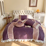 Xpoko Luxury Purple Patchwork Pleat Bedding Set Korean Style 100% Cotton Princess Lace Duvet Cover Bedsheet Bed Skirt Pillowcases