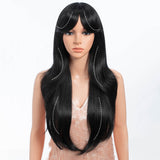 Xpoko Synthetic Wigs 26 Inches Blond Black with Bangs Medium Straight Layered Natural Hairs for Women Daily Cosplay Heat Resistant