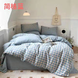 Xpoko  -  New Pink Plaid Quilt Color Woven Washed Cotton Bedding Set of Four Piece Pure Cotton Single Double Single Pillow Case Bedroom