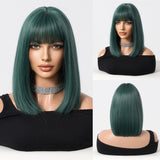 Xpoko Dark Green Bob Synthetic Wigs Short Straight Wig Green Hair with Bangs for Women Party Cosplay Use Heat Resistant