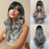 Xpoko Grey Wig with Bangs - Ombre Gray Wigs for Women Long Wavy Layered Black Root Realistic Hair, Natural Synthetic Heat Resistant