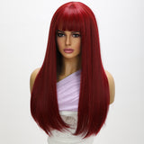 Xpoko 26in Natural Wine Red Cosplay Synthetic Wig With Long Straight Hair And Bangs Suitable For Black Women's Parties Daily Halloween