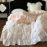 Xpoko Princess Style 3D Flower Bedding Set 100 Thread Count Autumn and Winter Cotton Duvet Cover Solid White Quilt Covers with Ruffles