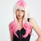 Xpoko Pink Gradient Wig With Wavy Bangs And Curly Hair Suitable For Party Wear Synthetic Synthetic Fiber Women's Wig