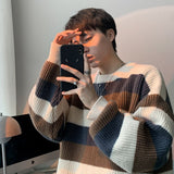 Xpoko Contrast color splicing striped sweater for men in autumn and winter lazy style trendy bottoming sweater, loose sweater jacket