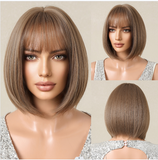 Xpoko Light Brown Short Bob Straight Synthetic Wig With Bangs for Black Women Natural Cosplay Daily Halloween Use Heat Resistant Fiber