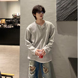 Xpoko Henry collar gray long-sleeved T-shirt men spring and autumn American retro fake two-piece right shoulder sweatshirt heavy base