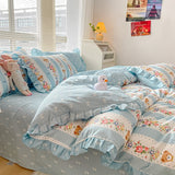 Xpoko Lovely Princess Flower Print Ruffles Bedding Set 100% Cotton Cute Girls Duvet Cover Set with Bed Sheet Kawaii Bedding Sets Soft