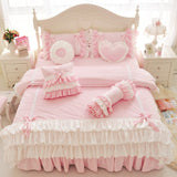 Xpoko Pink Purple Blue Korean Princess Girl Fleece Fabric Bedding Set White Ruffle Bow Duvet Cover Flannel Velvet Bed Skirt Pillowcase