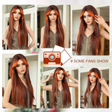 Xpoko Ombre Orange Brown Long Straight Wigs with Curtain Bangs Natural Heat Resistant Synthetic Fiber Layered Auburn Highlight Midlle