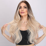 Xpoko Dreamy Golden Gradient: 26-Inch Synthetic Fiber Wavy Curly Women's Wig for Everyday Wear.