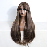 Xpoko 30Inch Synthetic Lace Front Wig With Bang Long Straight Lace Front Wigs Ombre Chocolate GoldWigs For Black Women Cosplay Wigs