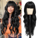 Xpoko Black Wig with Bangs for Women Long Black Wavy Wigs 26 Inch Natural Black Wigs Natural Looking Heat Resistant Synthetic Wig