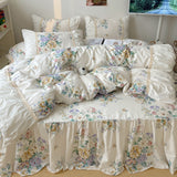 Xpoko  -  100% Cotton Bedding Set Korean Style Flowers Printing Quilt Covers Lace Princess Duvet Cover Bedspread Bed skirt Pillowcases