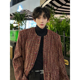 Xpoko Men Winter Outfit Round Collar Tweed Blazers Cardigan Men's Autumn Collarless Short Jacket Korean Style Chic Fashion Elgance Coat Handsome Jackets