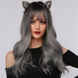 Xpoko Long Wavy Silver Ash Ombre Cosplay Synthetic Wigs Natural Curly Gray Black Hair Wig with Bangs for Women Afro Heat Resistant