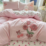 Xpoko  -  Pink Rose Cartoon Bedding Set, Dinosaur, Cat, Bear, Rabbit, Towel Embroidery, Single, Double Duvet Cover, Bed Sheet, Pillowcase