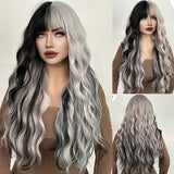 Xpoko Long Wavy Silver Grey Black Highlight Wig 27in Natural Heat Resistant Fiber Synthetic Curly Light Grey Black Ombre Wigs with