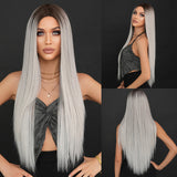 Xpoko Synthetic Long Straight Platinum ﻿Wig For Women Mid Split Wig Daily Use Party High Density  Heat Resistant Synthetic Wigs