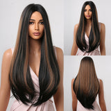 Xpoko Brown Highlight Synthetic Wigs Long Silk Straight Wig with Bangs Middle Part Natural Brown Daily Wig Heat Resistant