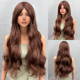 Xpoko 24 Inches Long Wavy Brown Blend Wigs for Women Natural Synthetic  Heat Resistant Wigs with Bangs for Daily Party Cosplay Use (B