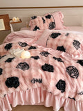 Xpoko French Luxury Faux Fur Warm Bedding Set Princess Style Coral Soft 4 Pieces Bed Sheet Double sided Plush Quilt Cover Fast Ship