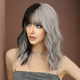 Xpoko Silver black Wavy Wig for Woman Daily Party Cosplay Middle Part Natural Synthetic Hair Wig Heat Resistant Fiber