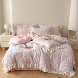 Xpoko New Winter Rose Velvet Bedding Set Romantic Lace Ruffles Comforter Sets Fluffy Milk Velvet Duvet Cover Set Eldense Bed Sheet