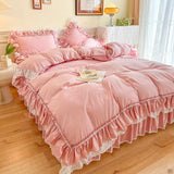 Xpoko Egyptina Cotton Bedding Set Luxury Pink Lace Ruffle Duvet Cover Bedspread Bed Skirt Pillowcases Korean Princess Home Textile