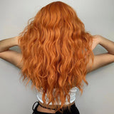 Xpoko Synthetic Orange Cosplay Wig with Wavy Bangs Ginger Copper Long Curly Wave Wigs for Women Halloween Party Heat Resistant Hair