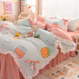 Xpoko Pastoral Style Bedding Set Cotton 3/4pcs Floral Duvet Cover with Pillowcases Cute Flowers Bed Skirtwith Zipper Quilt Cover