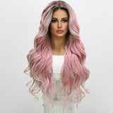 Xpoko Women Wig Long Curly Hair With Large Waves Pink Color Natural White Center Split Wig Women