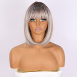 Xpoko 12 inch Natural Silver Gradient Synthetic Wig With Bangs Short Hair Straight Hair Daily Role-Playing Lolita Wig