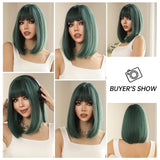 Xpoko Dark Green Bob Synthetic Wigs Short Straight Wig Green Hair with Bangs for Women Party Cosplay Use Heat Resistant