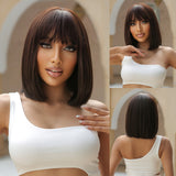 Xpoko Shoulder Length Synthetic Wigs Short Straight Orange Copper Brown Wig with Bangs for Black Women Afro Hair Daily Heat Resistant