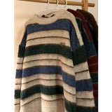 Xpoko Original lazy style soft and waxy contrast striped sweater for men and women autumn and winter pullover loose round neck sweater