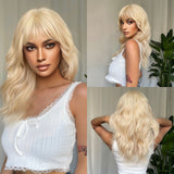 Xpoko Platinum Beige Long Wavy Blonde Cosplay Synthetic Wigs for Women Daily Lolita Natural Fake Hairs Wig With Bangs Heat Resistant