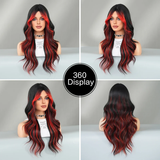 Xpoko Loose Body Wave Black Highlight Red Wig for Women Daily Party High Density Synthetic Middle Part Hair Wig with Curtain Bangs