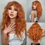 Xpoko Synthetic Orange Cosplay Wig with Wavy Bangs Ginger Copper Long Curly Wave Wigs for Women Halloween Party Heat Resistant Hair