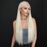 Xpoko Synthetic Long Straight Platinum ﻿Wig For Women Mid Split Wig Daily Use Party High Density  Heat Resistant Synthetic Wigs