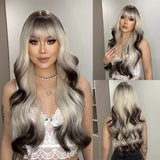 Xpoko Long Wavy Brown Synthetic Wig Long Curly Wig with Bangs for White Women Korean Daily Party Cosplay Christmas Heat Resistant Hair