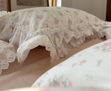 Xpoko  -  Romantic sweet pink floral rose bedding set,twin full queen ruffled lace cotton home textile bedspread pillow case duvet cover