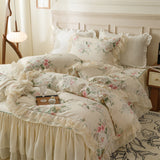 Xpoko  -  Pure Cotton Vintage French Pastoral Country Flowers Print Double layer Lace Ruffles Bedding Set Duvet Cover Bed Skirt Pillowcase