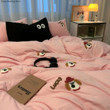 Xpoko Ins Cartoon Cute Dog Bedding Set Towel Embroidery Duvet Cover Queen Twin Full Size Pink Bed Flat Sheet Quilt Cover Pillowcases