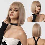 Xpoko Light Brown Short Bob Straight Synthetic Wig With Bangs for Black Women Natural Cosplay Daily Halloween Use Heat Resistant Fiber