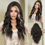 Xpoko Long Loose Wave Light Camel Wigs With Dark Roots High Quality Synthetic Layered Middle Part Hair Wig For Women