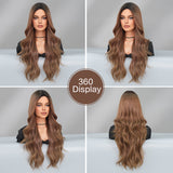 Xpoko Long Loose Wave Light Camel Wigs With Dark Roots High Quality Synthetic Layered Middle Part Hair Wig For Women