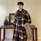 Xpoko Men Winter Outfit Autumn Winter Plaid Trench Medium Length Woolen Coat With Belt Korean Loose Casual Fashion Double-breasted Couple Outwear